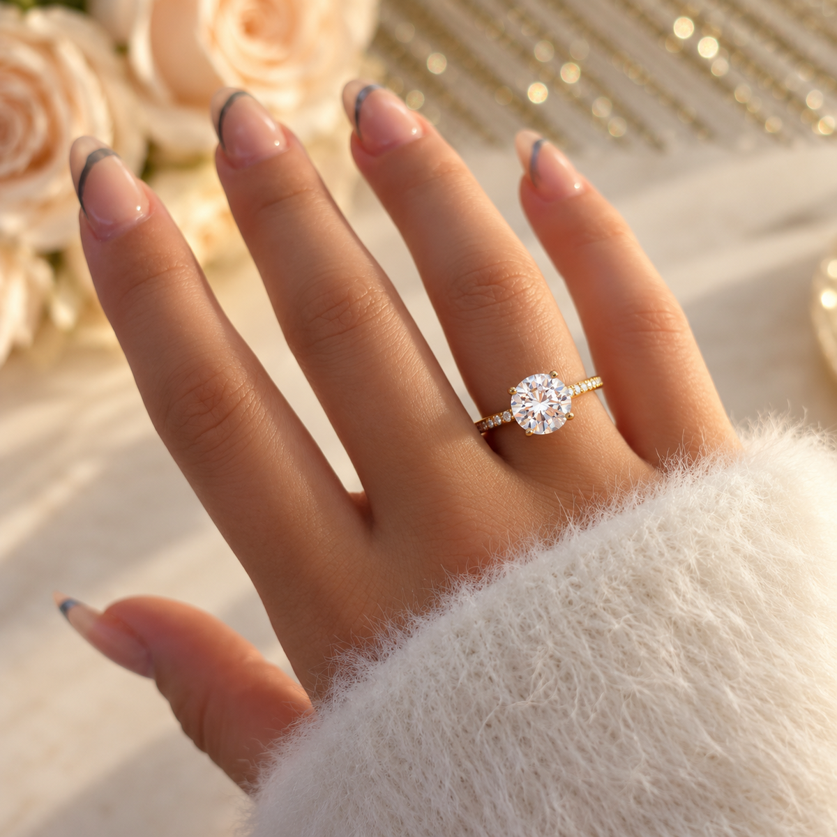 Bague solitaire dorée à pierre ronde transparente montée sur six griffes et anneau fin scintillant