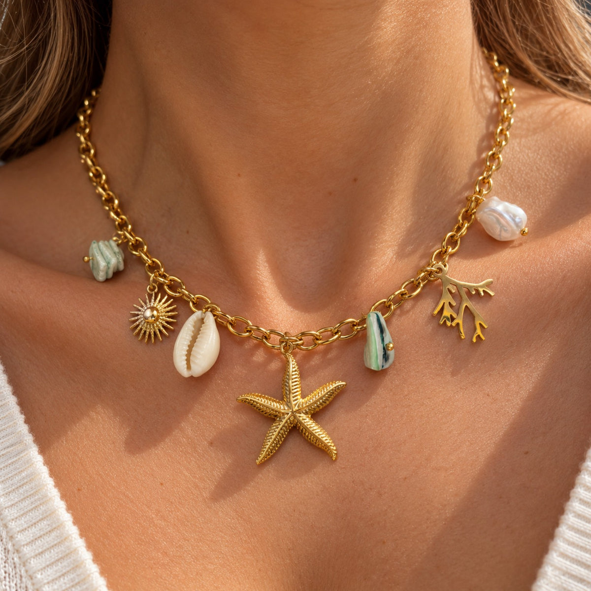 Collier marin doré femme étoile de mer coquillages