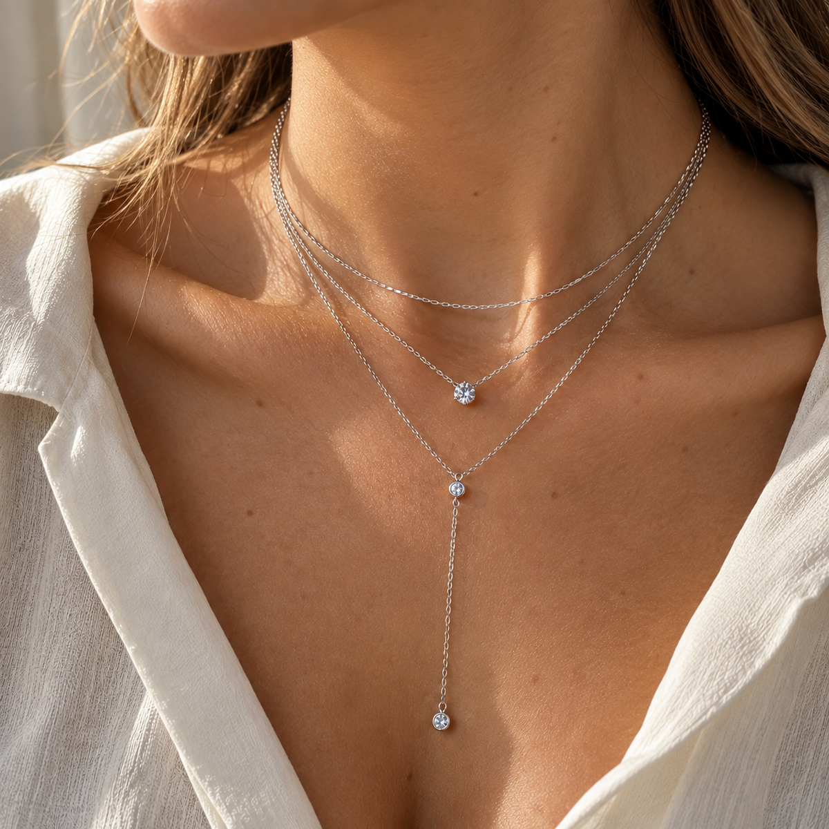 Collier argenté multirang avec cristaux porté au cou