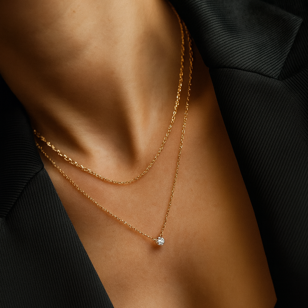 Collier double chaîne dorée & zircon