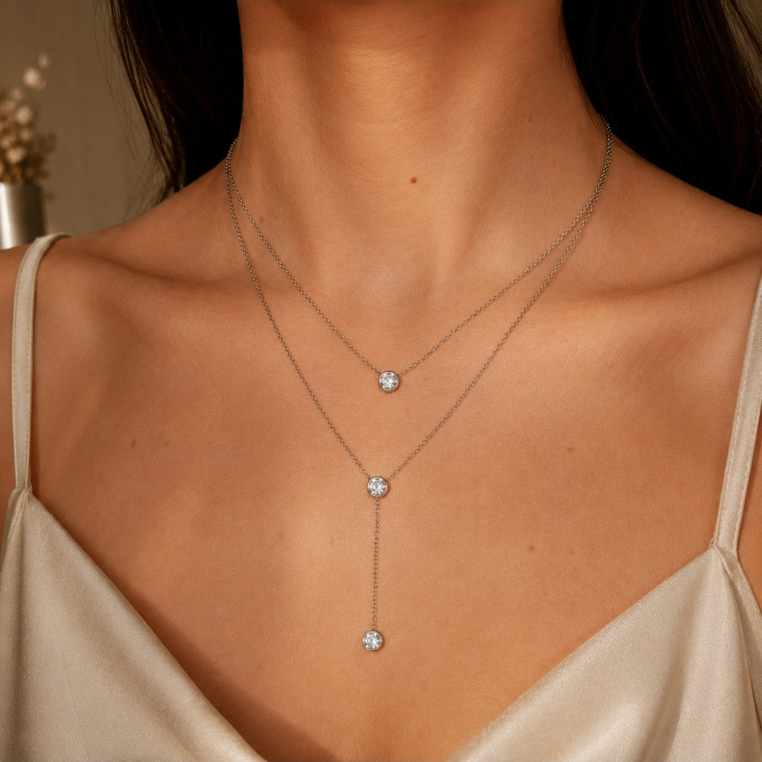 Collier double rang argenté avec cristaux