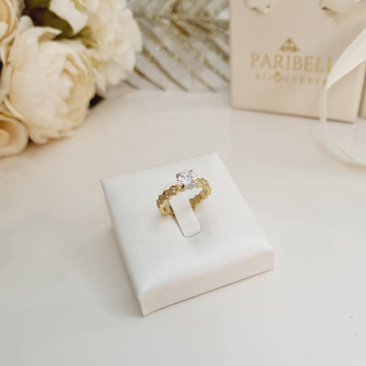 Bague dorée en acier inoxydable, avec pierre centrale ronde en Zirconium, avec pierres latérales