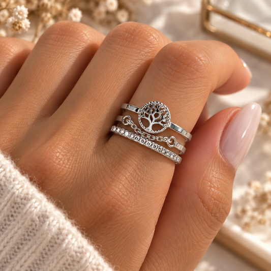 Bague femme arbre de vie argentée avec strass