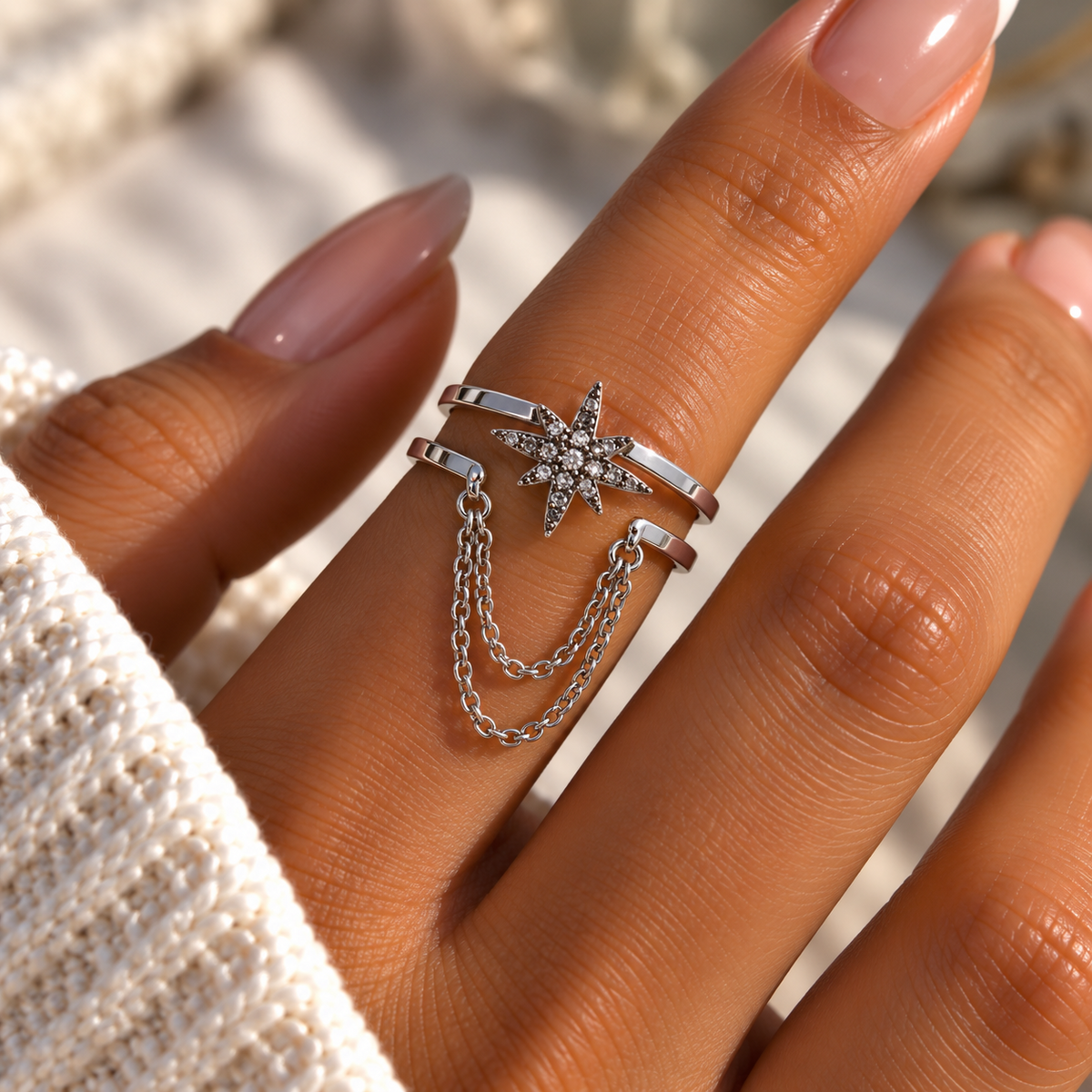 Bague argentée étoile sertie avec doubles chaînes en acier inoxydable