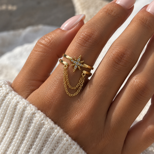 Bague dorée étoile sertie avec doubles chaînes en acier inoxydable