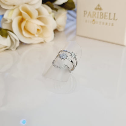 Bague argentée multirang en acier inoxydable avec motif soleil et chaîne pendante, réglable