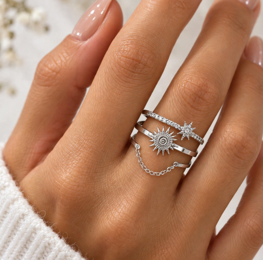 Bague argentée soleil étoile avec chaîne en acier inoxydable