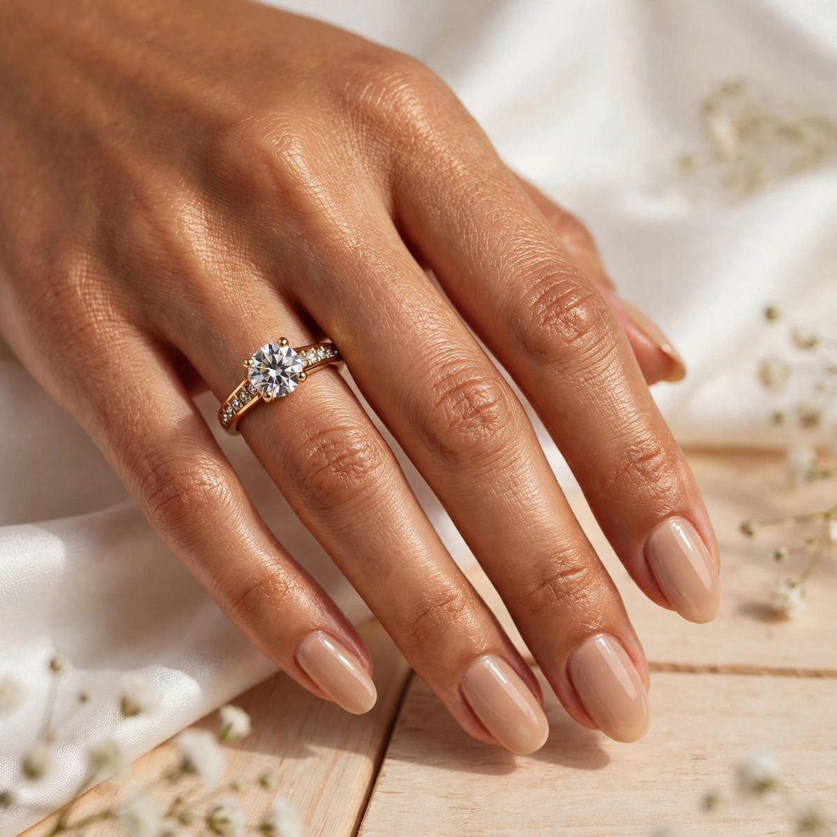 Bague solitaire dorée avec grande pierre ronde et pierres sur l'anneau en acier inoxydable