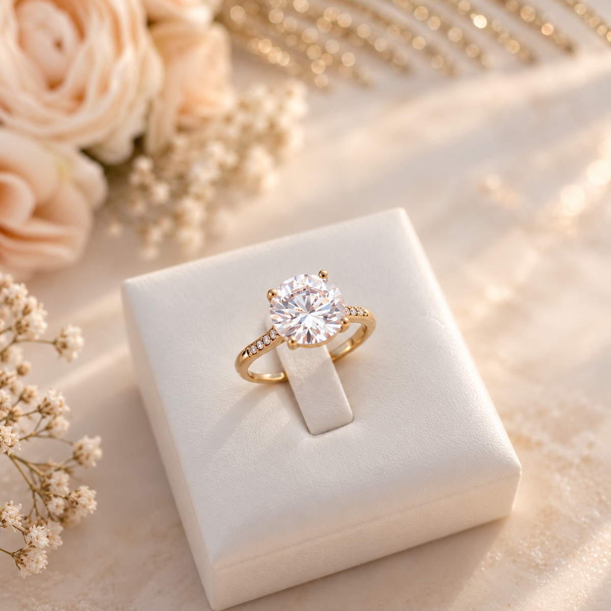 Bague solitaire dorée avec pierre ronde à quatre griffes et petites pierres sur l’anneau