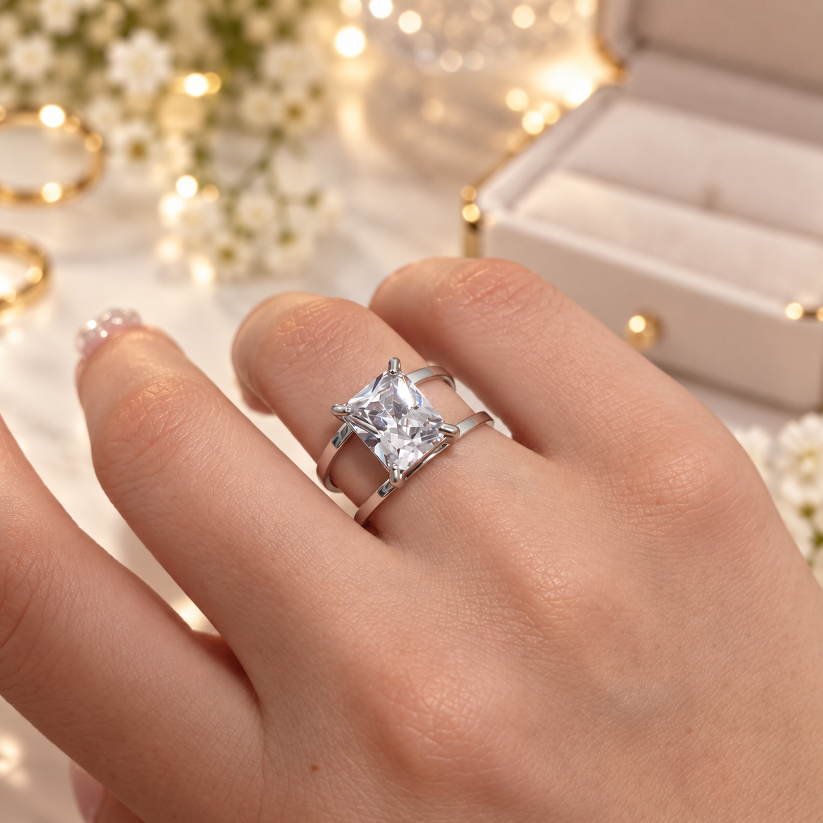 Bague solitaire argentée avec pierre carrée portée à la main