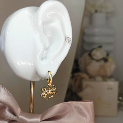 Détail des boucles d’oreilles anneaux avec crabe