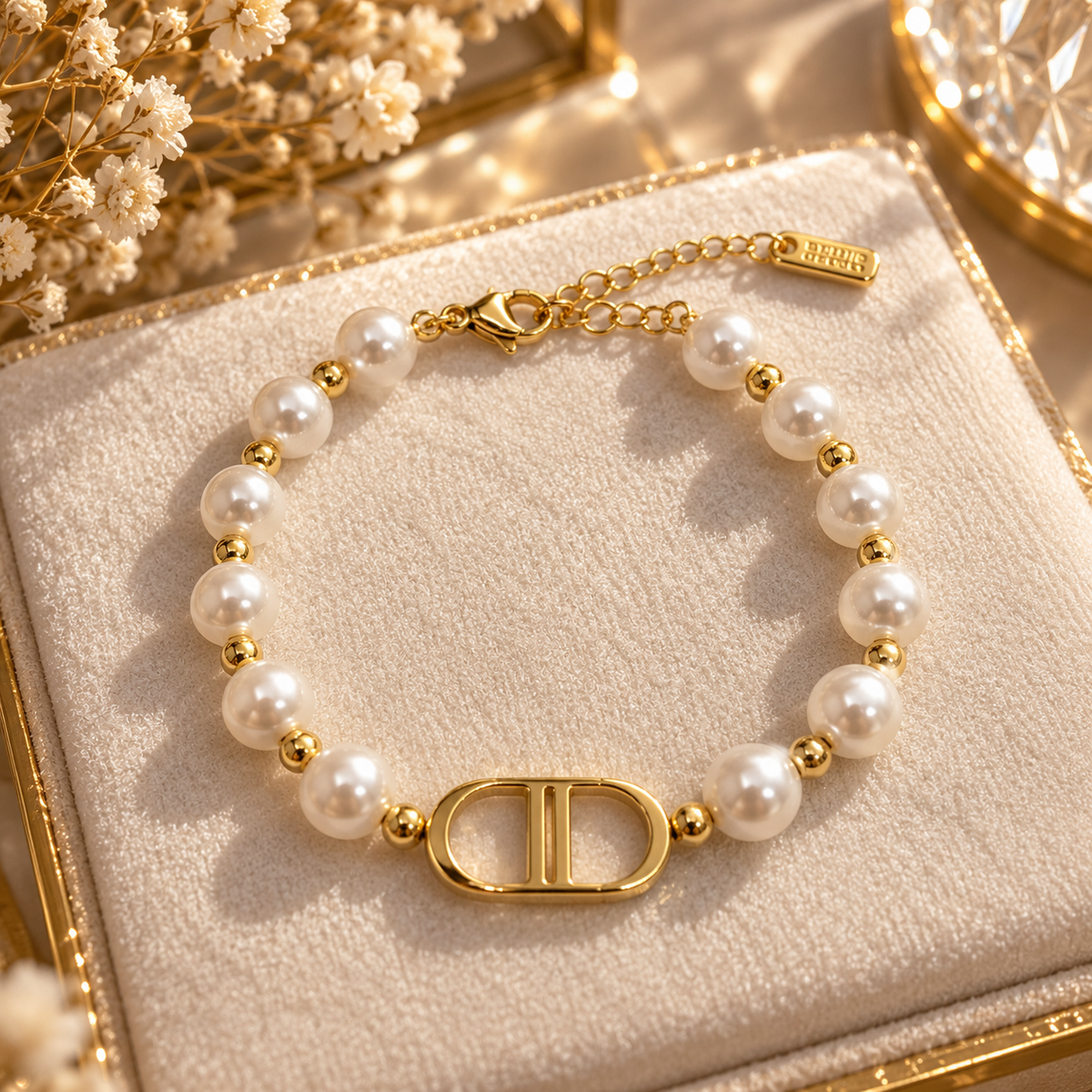 Bracelet femme perles blanches et détails dorés en acier inoxydable