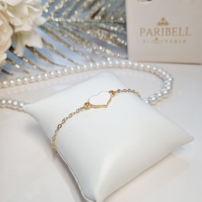 Bracelet Velmira doré avec cuir blanc et pierre blanche scintillante, taille ajustable. Idée cadeua pour femme, pour la Saint Valentin.