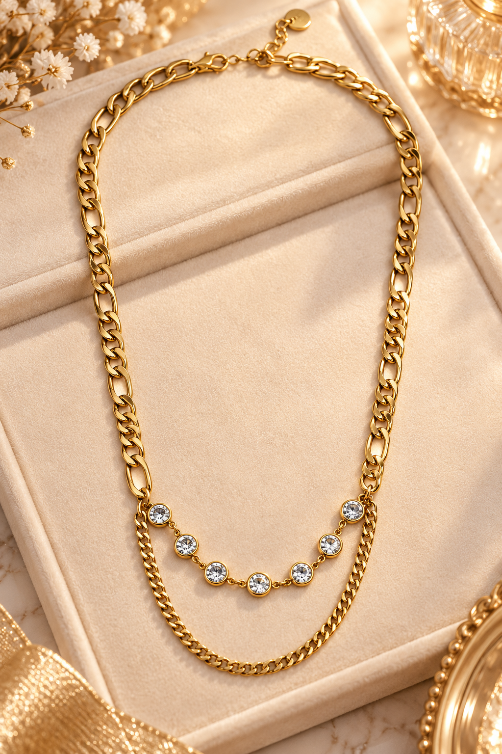 Collier double rang doré avec chaînes et cristaux