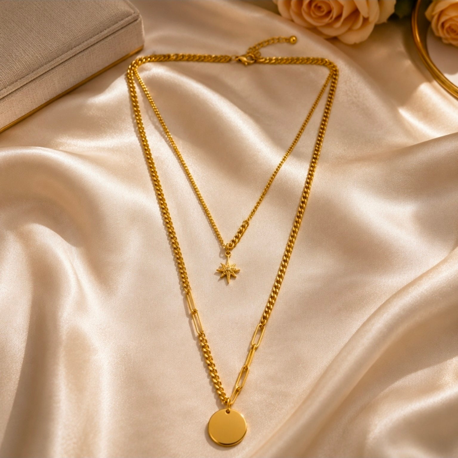 Collier double rang doré étoile polaire et médaille en acier inoxydable sur satin