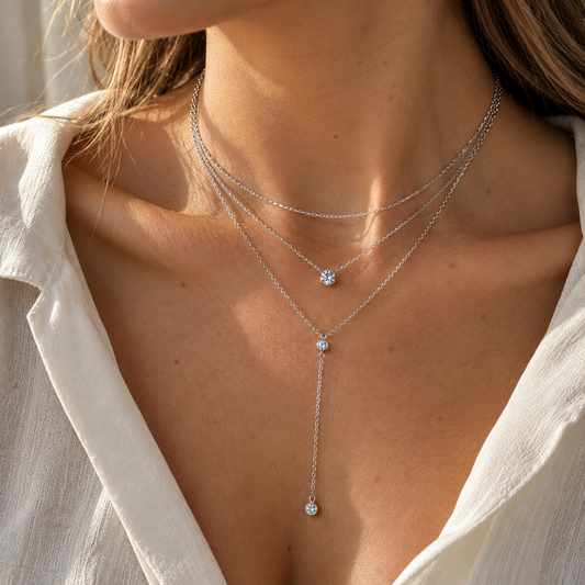 Collier argenté multirang avec cristaux porté au cou