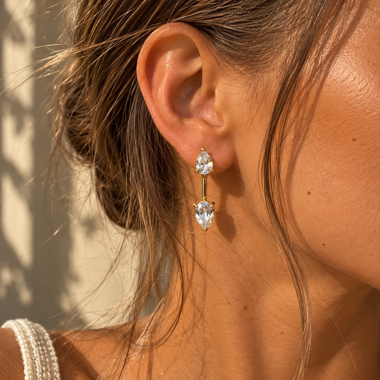 Boucles d'oreilles pendantes dorées deux pierres goutte transparentes portées