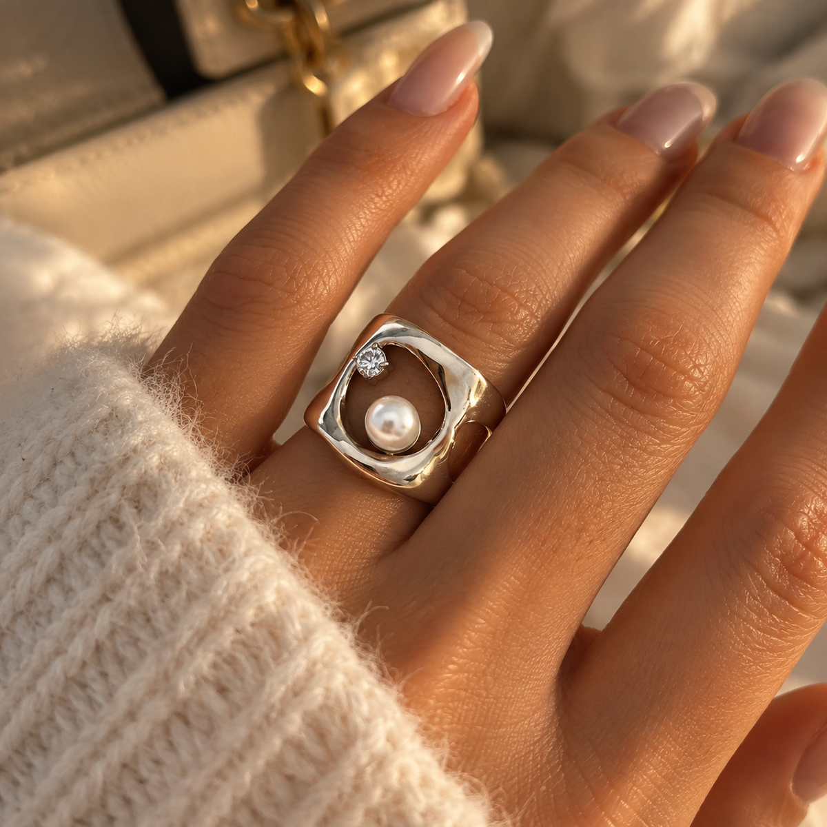 Bague argentée géométrique perle blanche et pierre scintillante portée