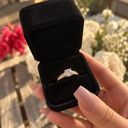 Bague solitaire dorée à pierre ronde et anneau pavé scintillant