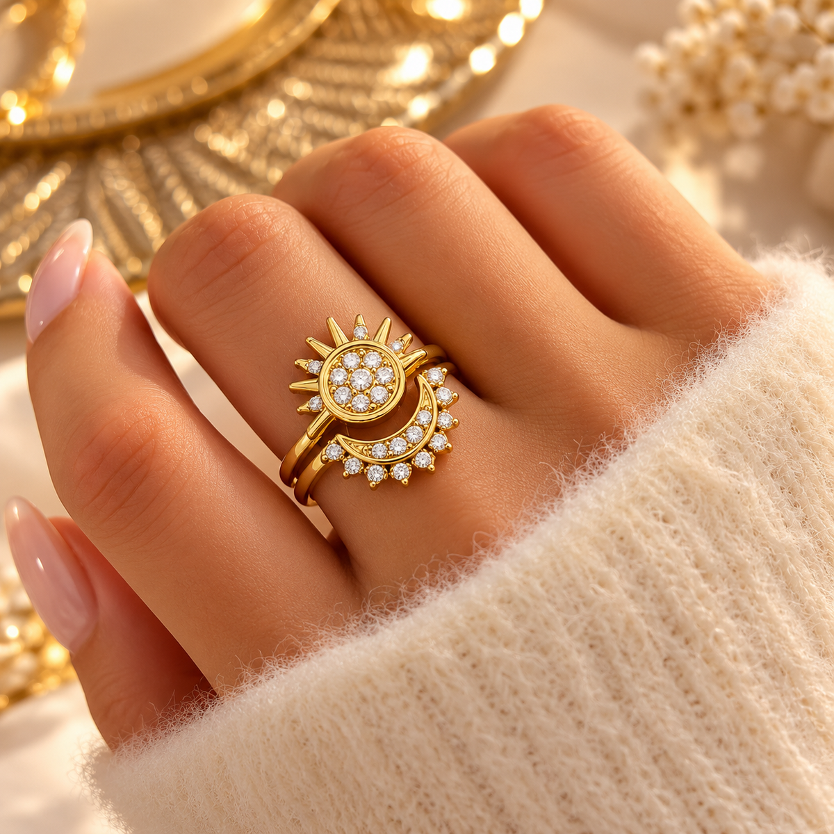 Bague dorée soleil et croissant de lune à cristaux