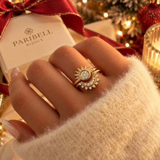 Bague dorée soleil à pierre ronde scintillante