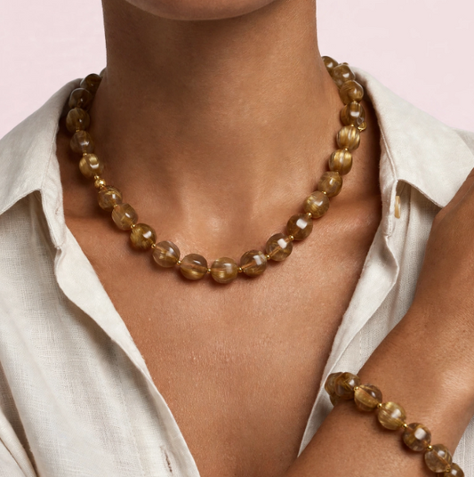 Parure collier et bracelet en perles facettées taupe