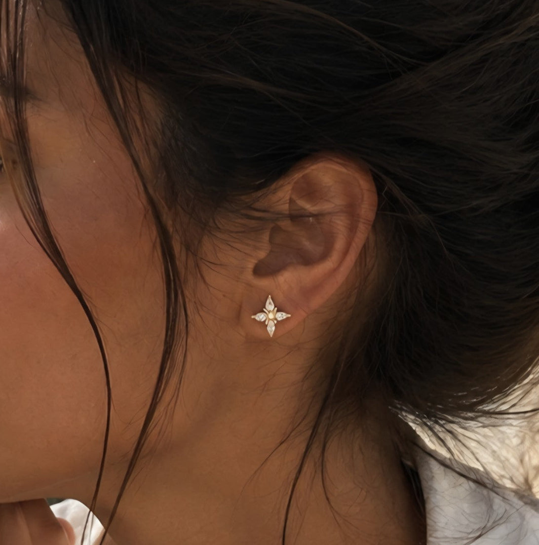 Paire de boucles d’oreilles puces dorées en forme de fleur serties de pierres blanches