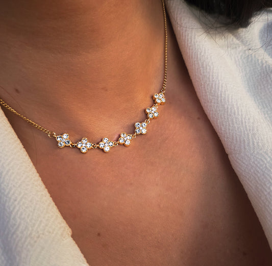 Collier Fleurs Strass Doré Acier Inoxydable Femme Élégant