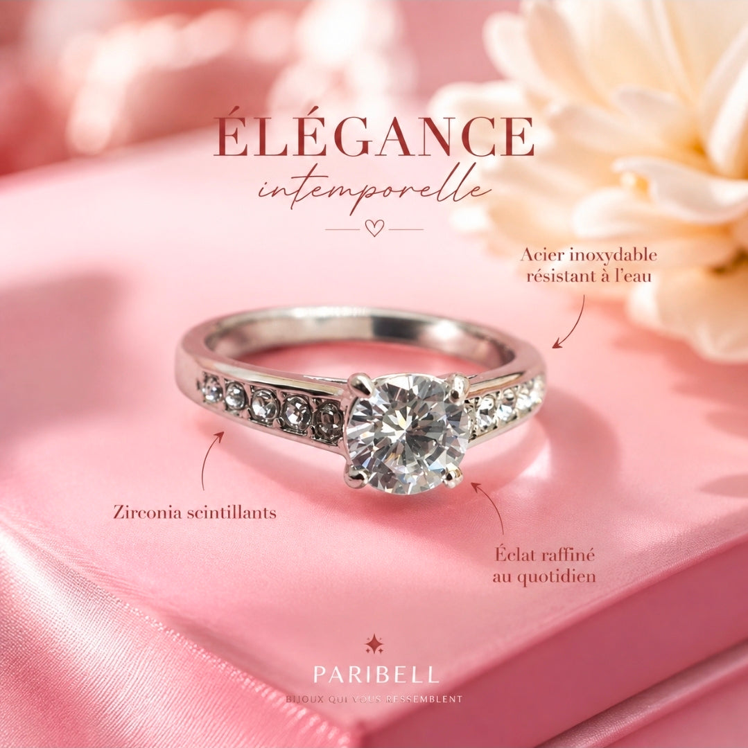 Bague solitaire en acier inoxydable avec coffret – zircons