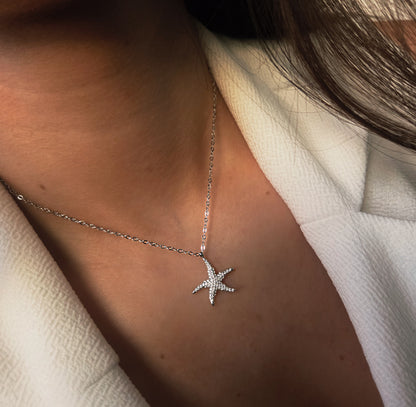 Collier étoile de mer argenté avec strass en acier inoxydable