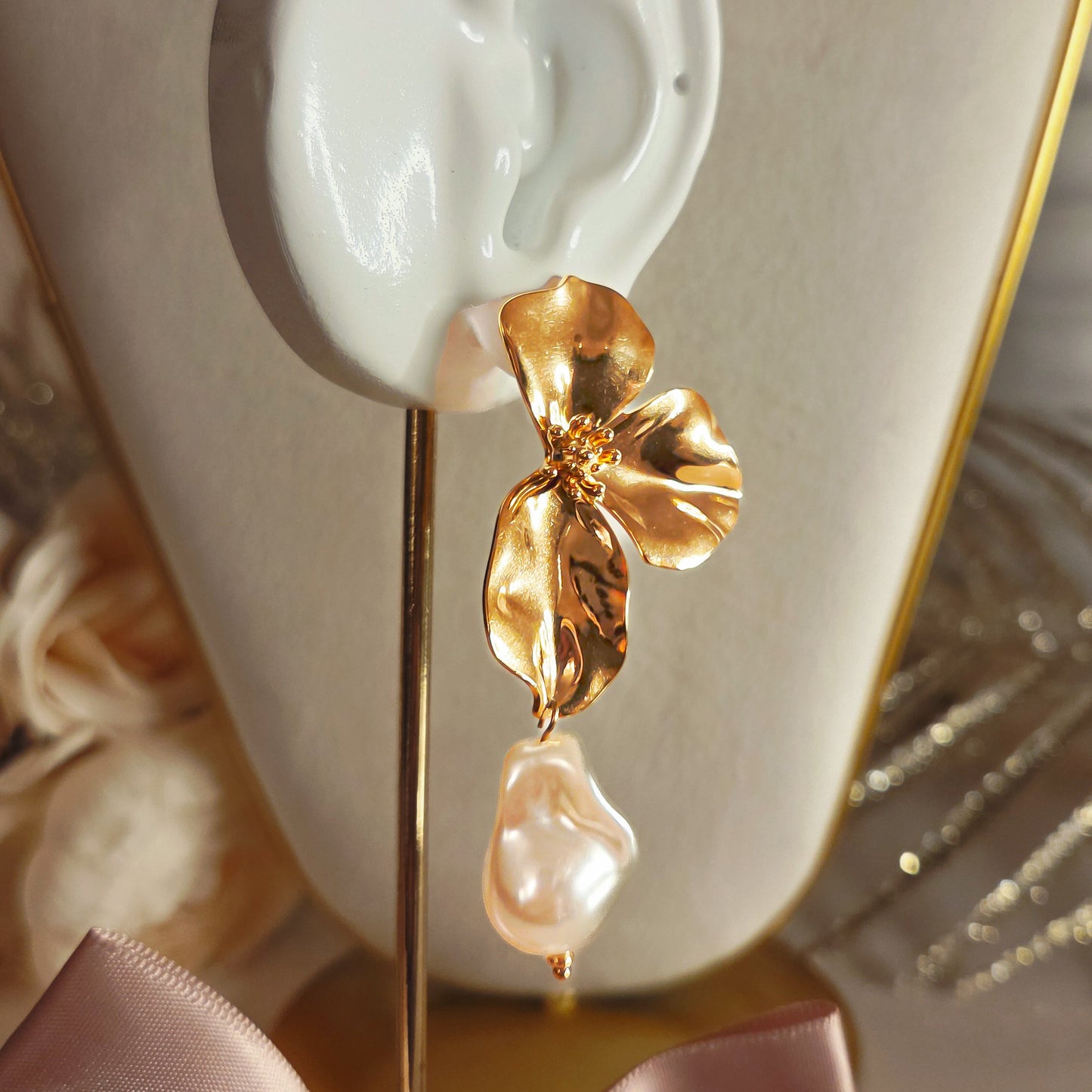 Boucles d’oreilles fleur avec perle en acier inoxydable