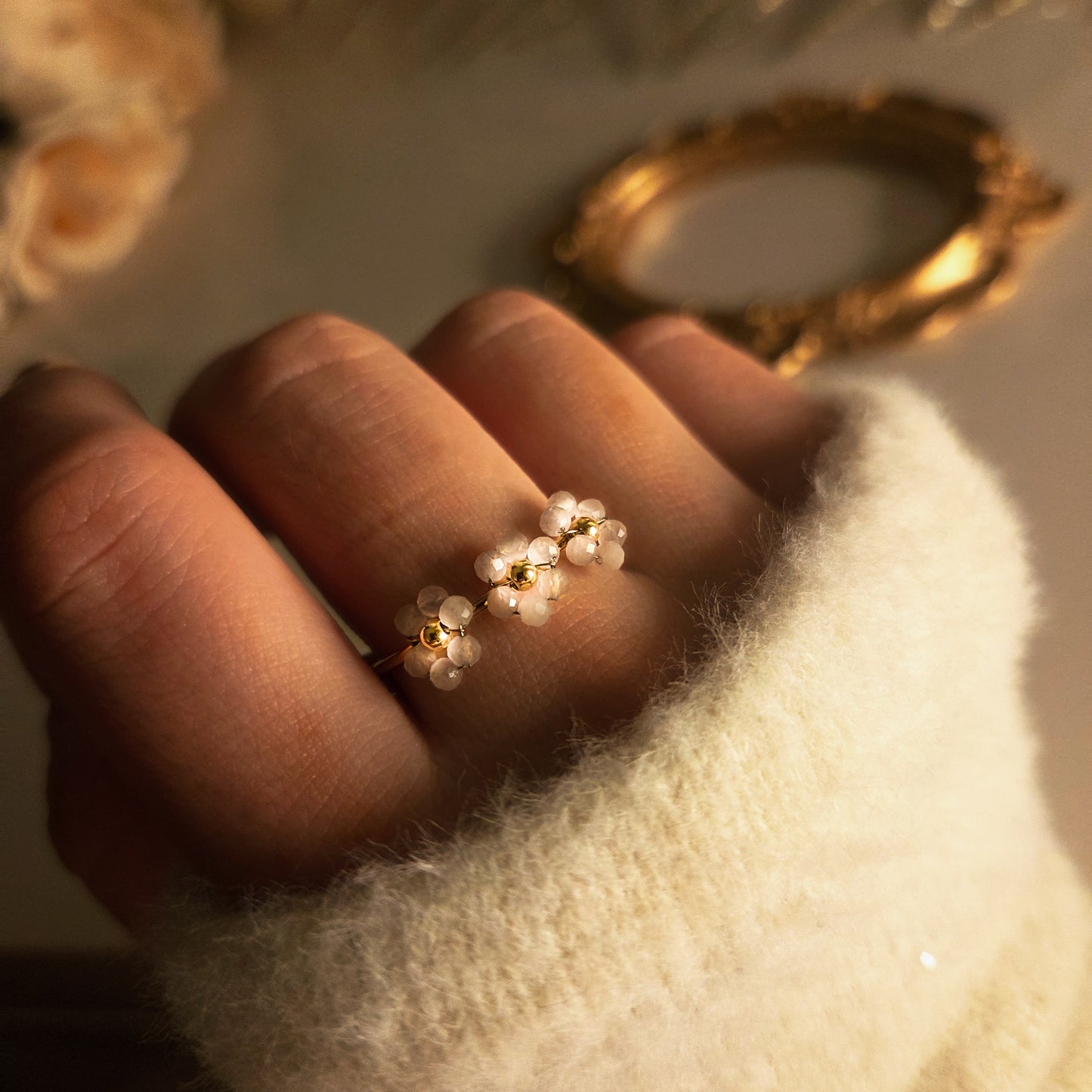 Bague femme acier inoxydable – résistante à l’eau, ajustable perles rose clair