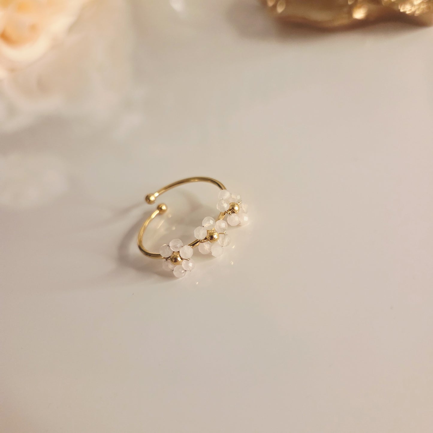 Bague femme acier inoxydable – résistante à l’eau, ajustable perles rose clair