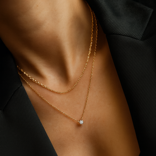 Collier double chaîne dorée & zircon