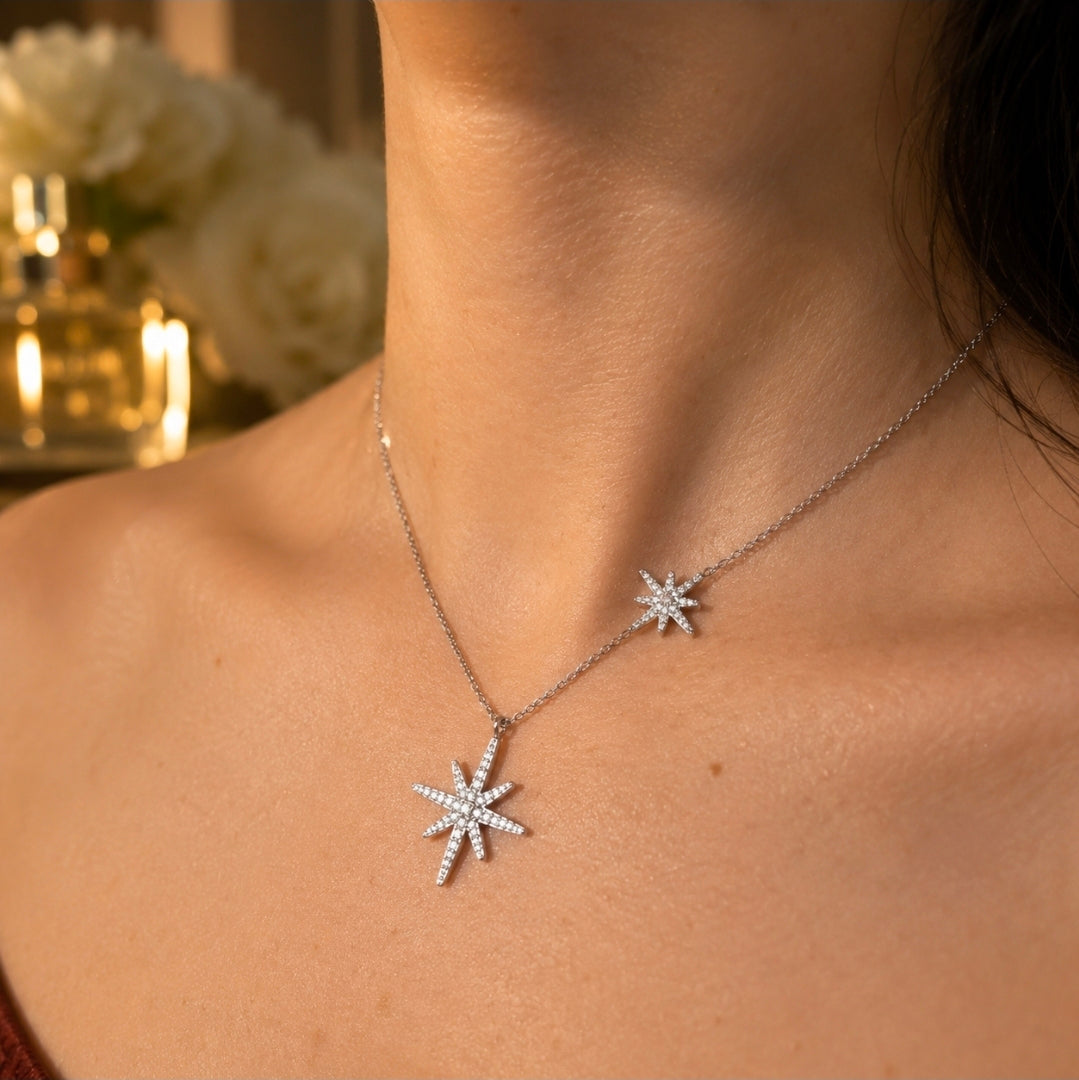 Collier double rang étoile polaire argenté – Acier inoxydable