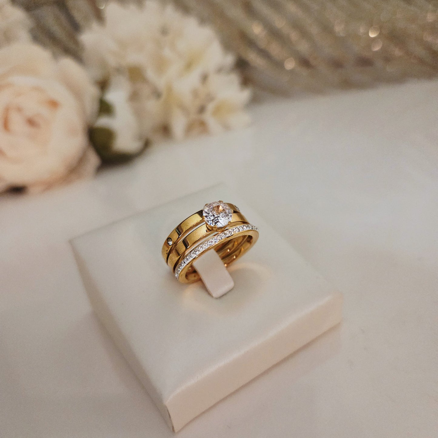 Trio de bagues élégantes à strass – Ensemble raffiné en acier inoxydable