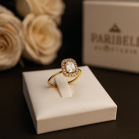 Bague dorée rectangle zircon brillant – acier inoxydable réglable