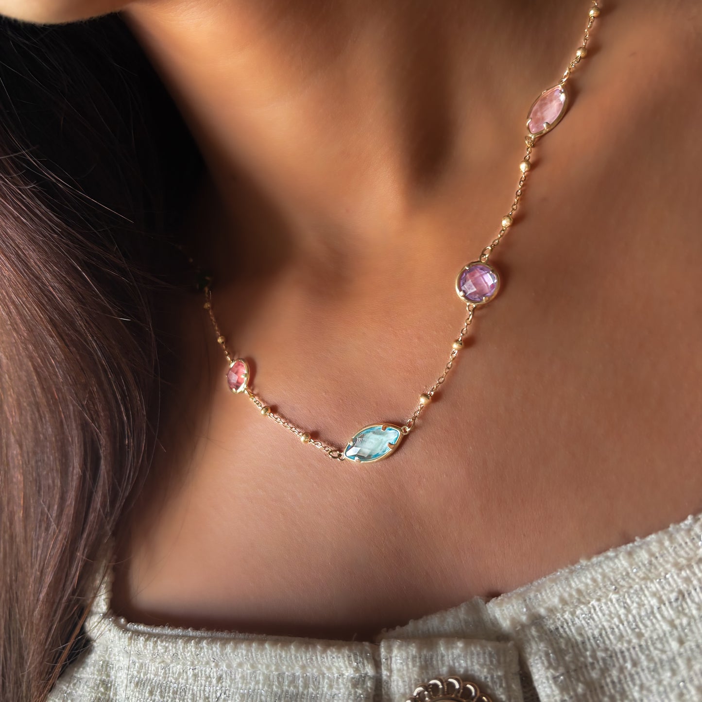 Collier multicolore délicat – Chaîne fine à pierres scintillantes en acier inoxydable