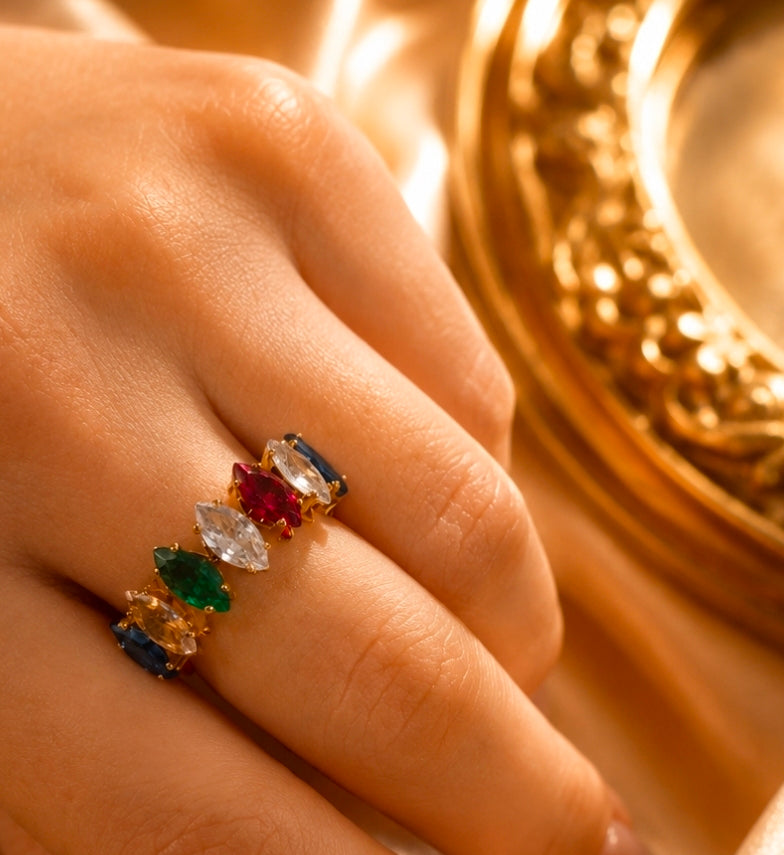 Bague ajustable marquise multicolore en acier inoxydable