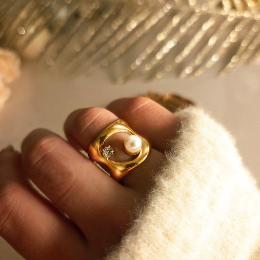 Bague Design Perle & Cristal en Acier Inoxydable