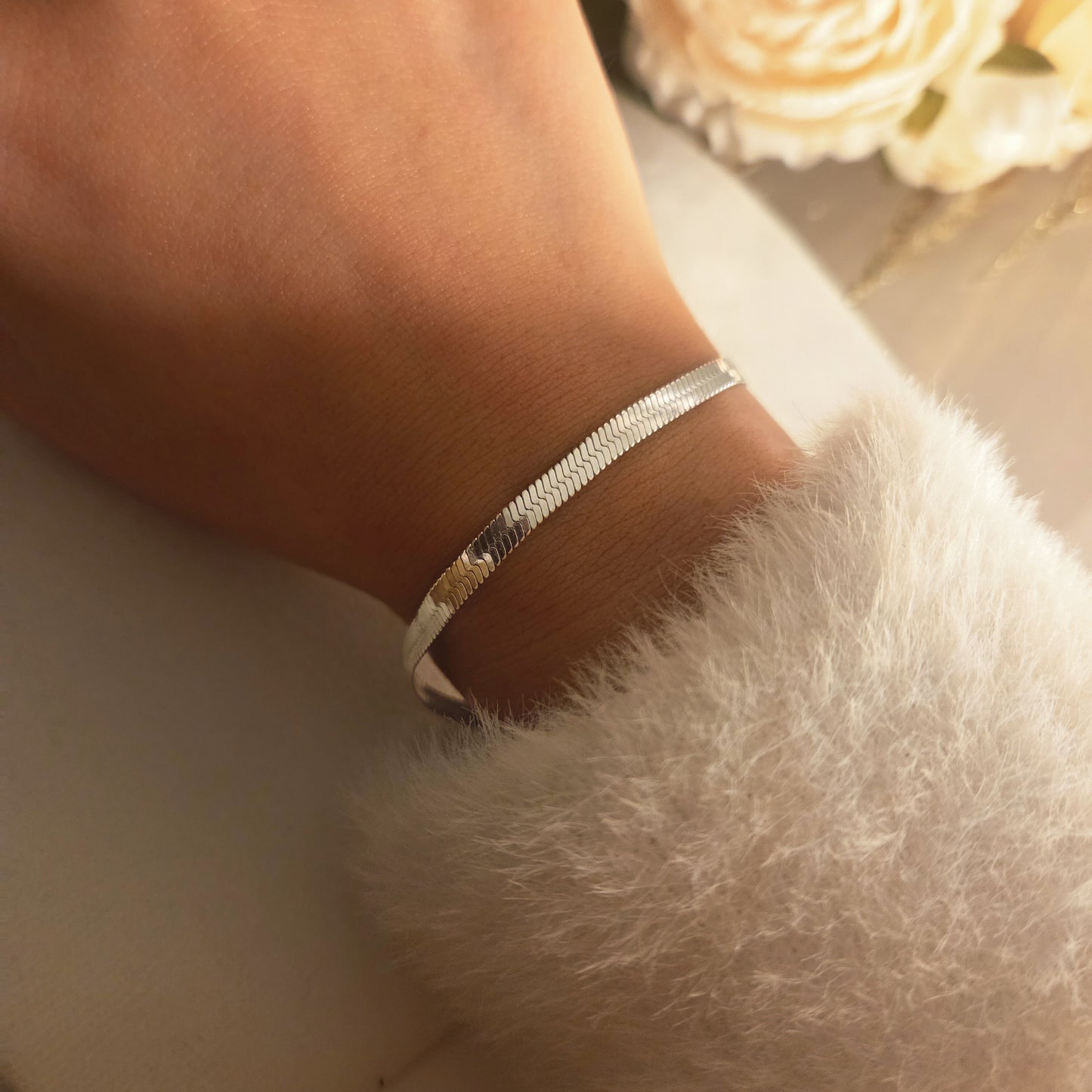 Bracelet maille plate argenté en acier inoxydable