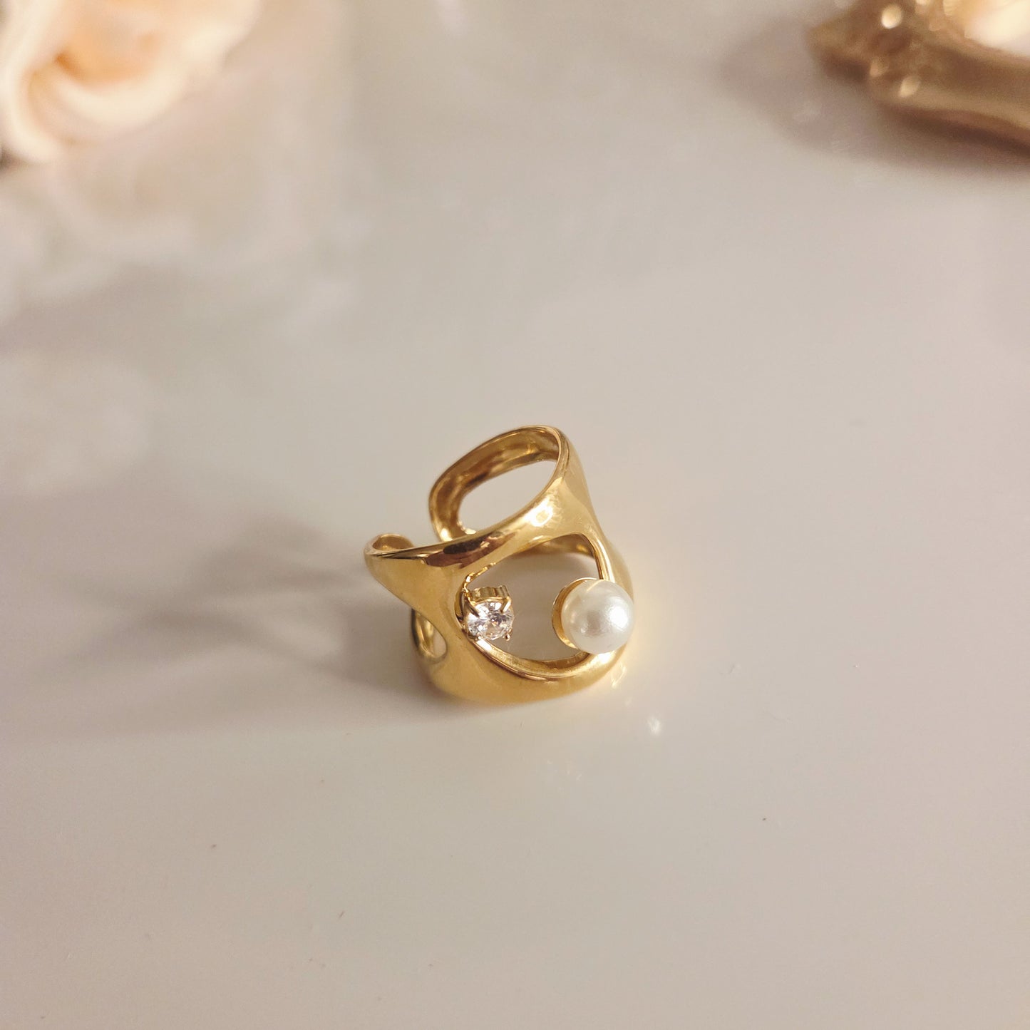 Bague Design Perle & Cristal en Acier Inoxydable