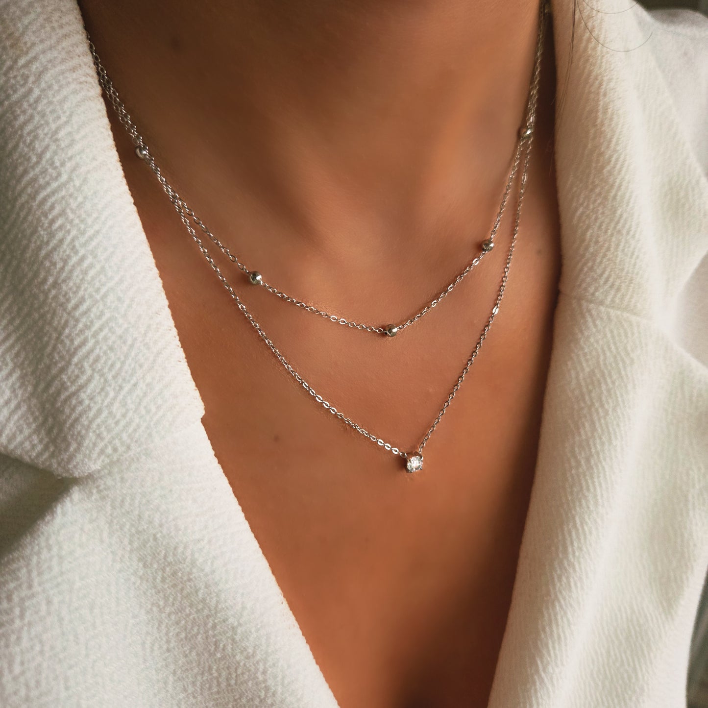 Collier double rang – Chaîne fine et pendentif zircon en acier inoxydable