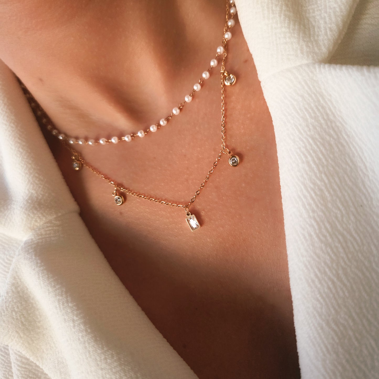 Collier double rang en acier inoxydable perles et cristaux